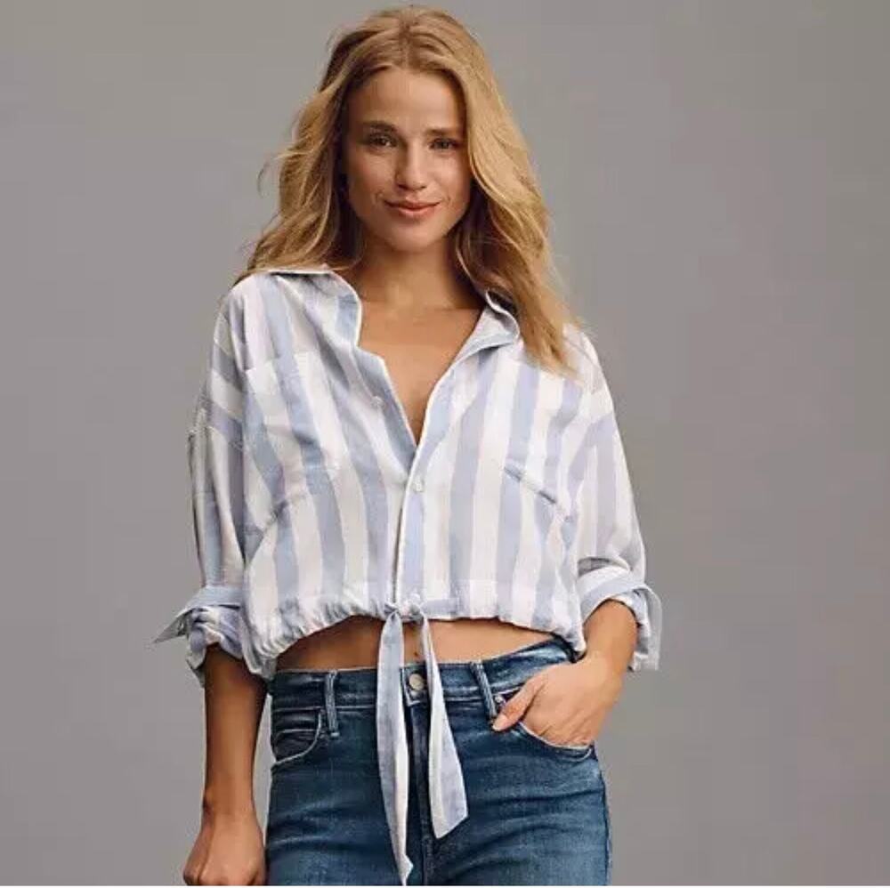 Mother Crop Stripe Buttondown Shirt Anthropologie Tied Up In Knots Blue Sz S NEW
